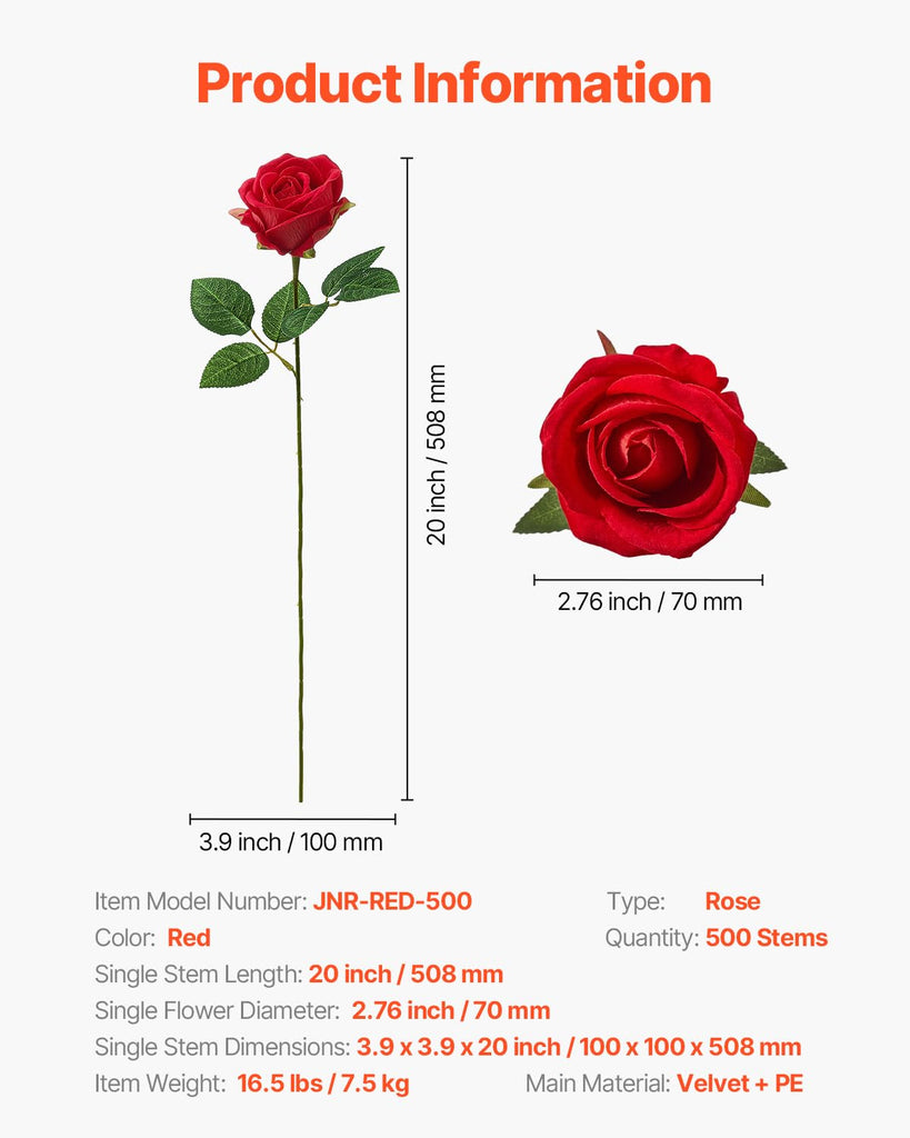 Artificial Flowers, 500 pcs Real Looking Red Foam Fake Roses Bulk, Faux Red Bridal Shower with Stems for DIY Wedding