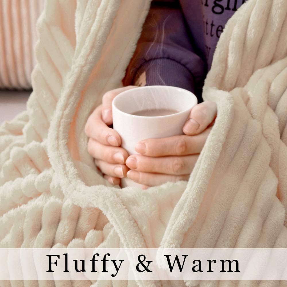 Fleece Throw Blanket with Stripe Pattern Fuzzy Flannel Beige Blanket for Couch Plush Warm Cozy Bed Blanket Boho Decor