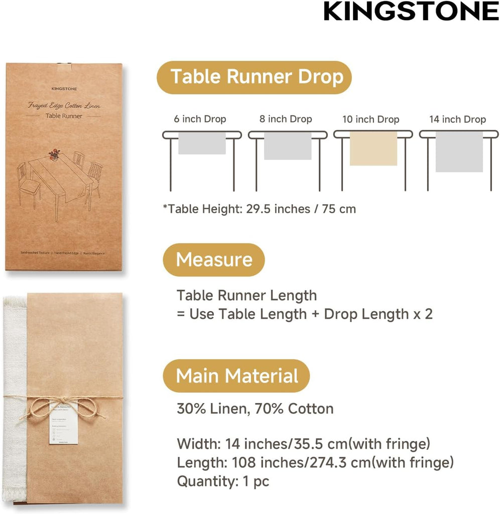14 x 108 Inches Frayed Edge Table Runner, 270G Heavyweight Sand Washed Slub Texture Cotton Linen for Modern