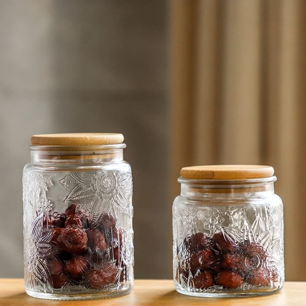 Set of 4 Vintage Glass Airtight Storage Jars, 17 FL OZ Glass Storage Containers with Bamboo Lids, Canning Jar