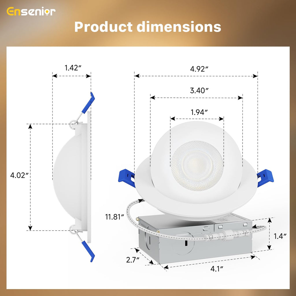 4 Inch Gimbal LED Recessed Light, 5CCT, 9W, 900LM, 4 Pack