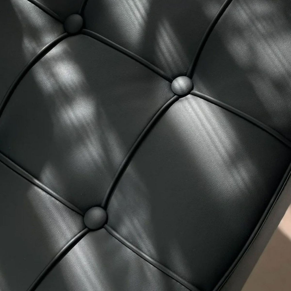 Inspired Barcelona Style Leather Lounge Chair and Ottoman — Black Oiled Leather, Extended Seat (31.5″L)