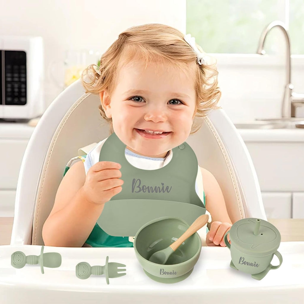Personalized Silicone Baby Feeding Set with Name, Customized Baby Led Weaning Supplies Self Feeding Eating Utensils