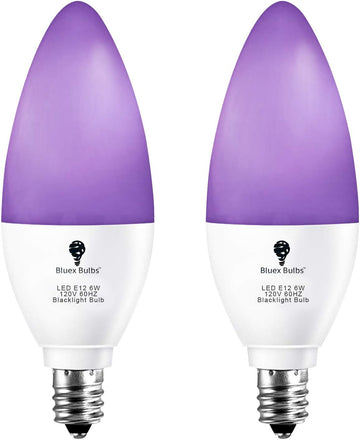 2 Pack LED Black Light Bulb, 6W E12 Candle Blacklight Bulb Level 385-400nm, Body Paint, Glow in The Dark Party E12