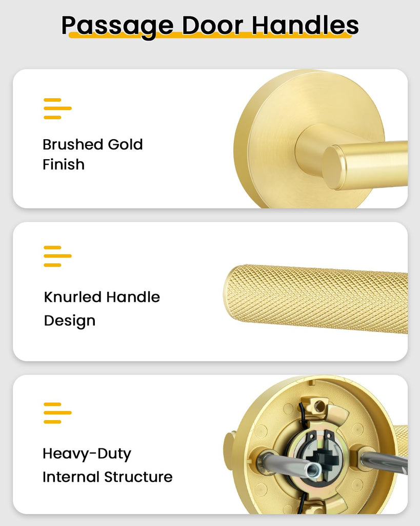 1 Pack Gold Door Handle Interior, Knurled Brushed Gold Door Handle, Passage Door Handle s and Closets, Reversible