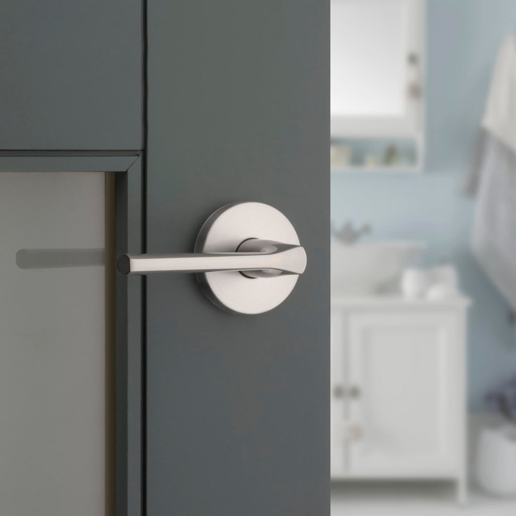 Lisbon Interior Privacy Door Handle with Lock, Round Lever , Satin Nickel Reversible Keyless Push Button Lock Door