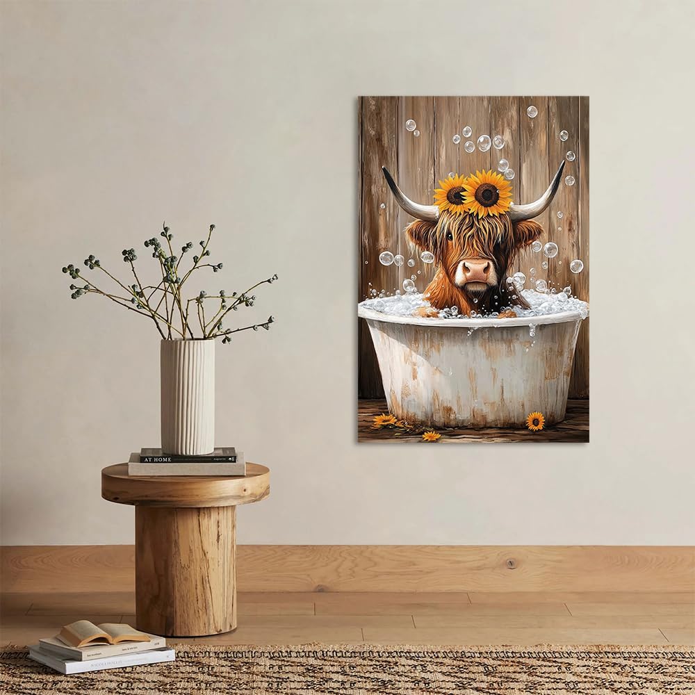 Highland Cow Canvas Wall Art: Sunflowers Farmhouse Artwork, Cow Pictures Bathroom Decor Ready to Hang 16x24inch