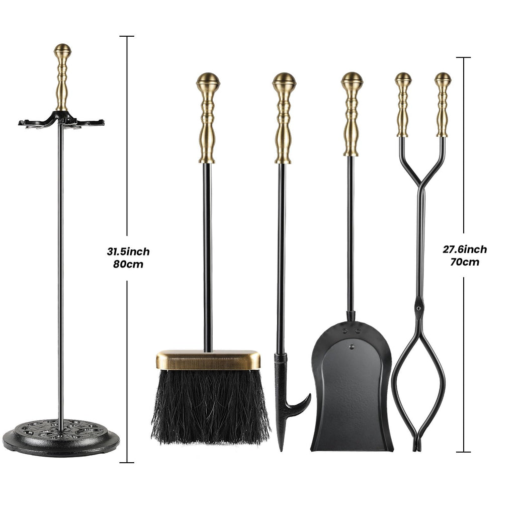 5 Pieces Fireplace Tools Sets Wrought Iron Firewood Kit with Handle Durable Tool Set and Holder for Fire Pit Stand