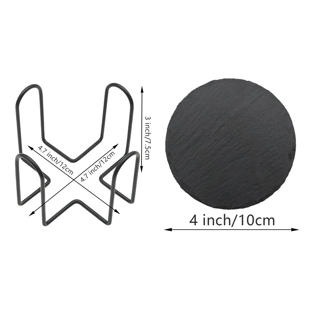 12 Pack 4 Inch Round Slate Drink Coasters with Metal Holder
