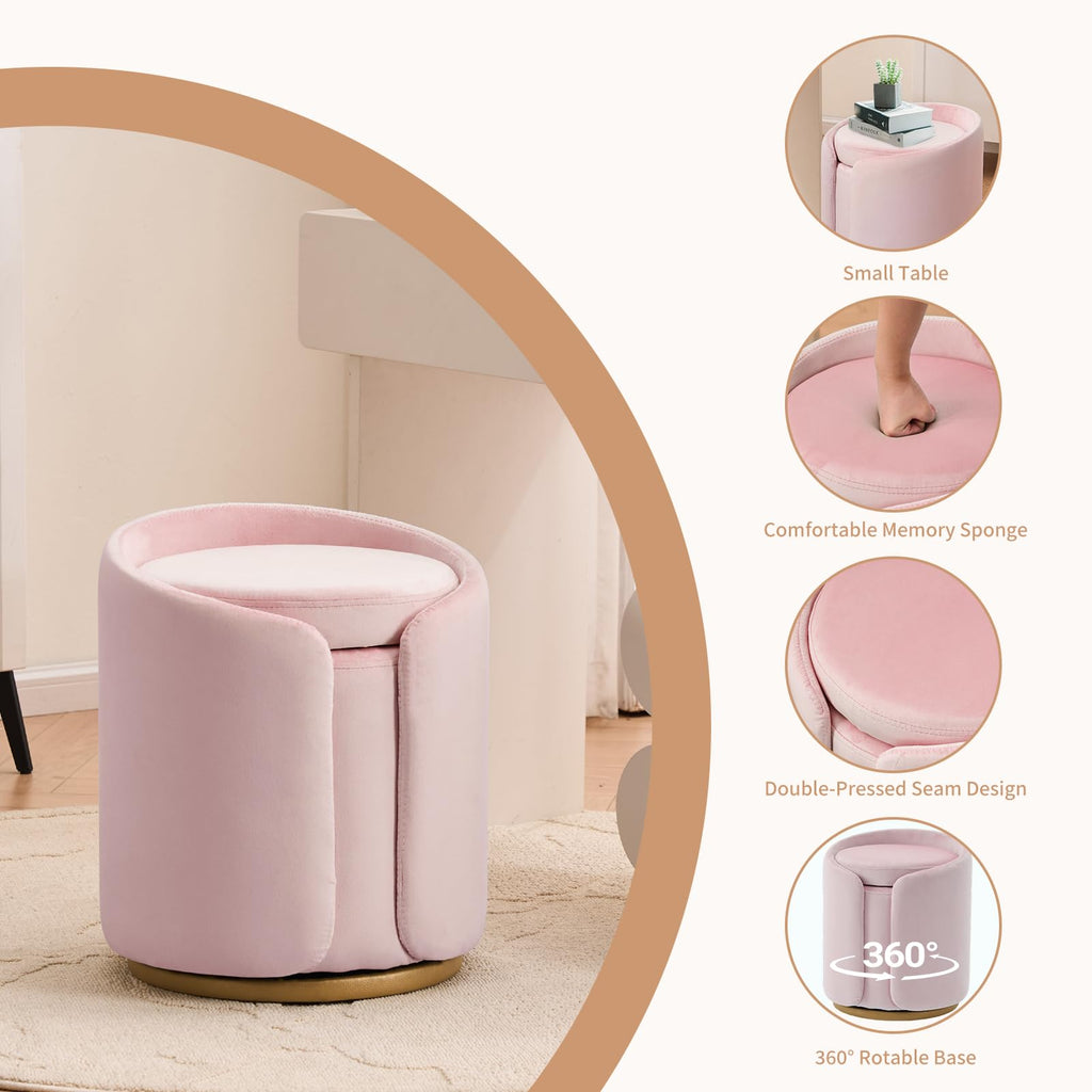 Vanity Chair with Storage, Round Velvet Vanity Stool No Wheels, Swivel Ottoman Chair with Upholstered for Women