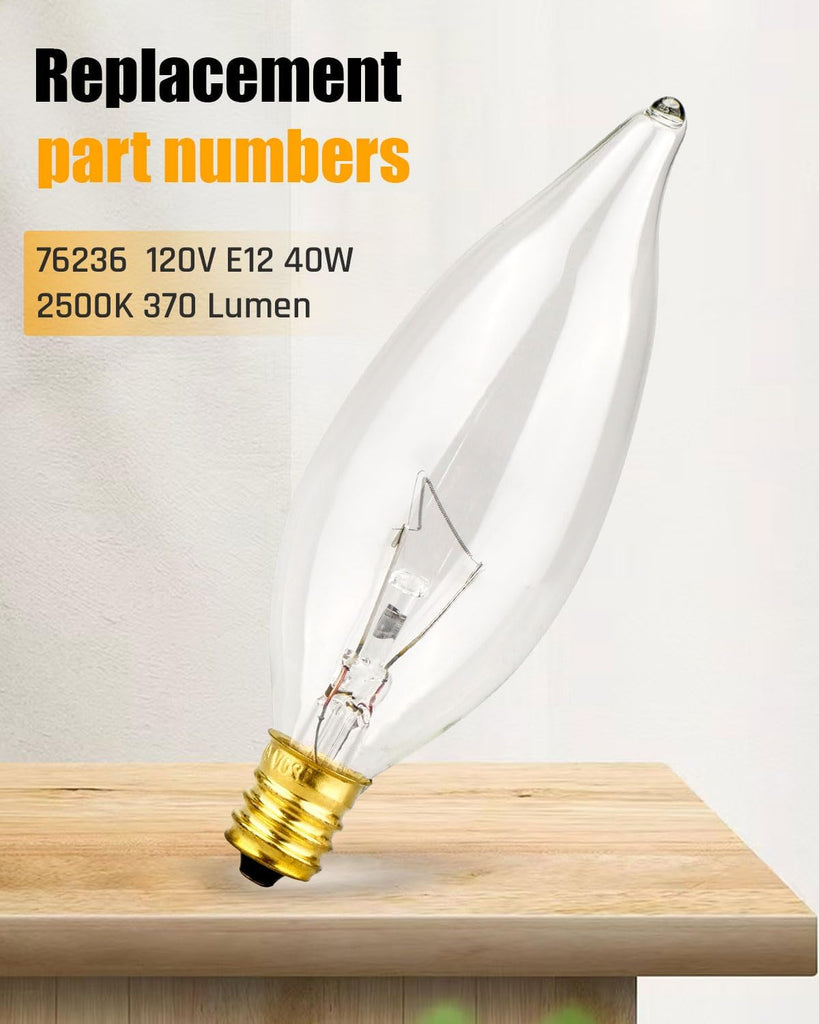 Universal Crystal Clear Incandescent Light Bulb, E12 40W 120V 2500K Light Bulb Replacement, CA10 Candelabra Candle