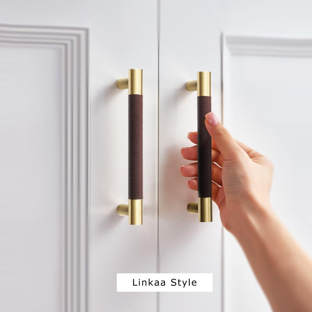 Brown Leather and Gold Cabinet Handles Pulls Knob 5''(128mm),15 Pack