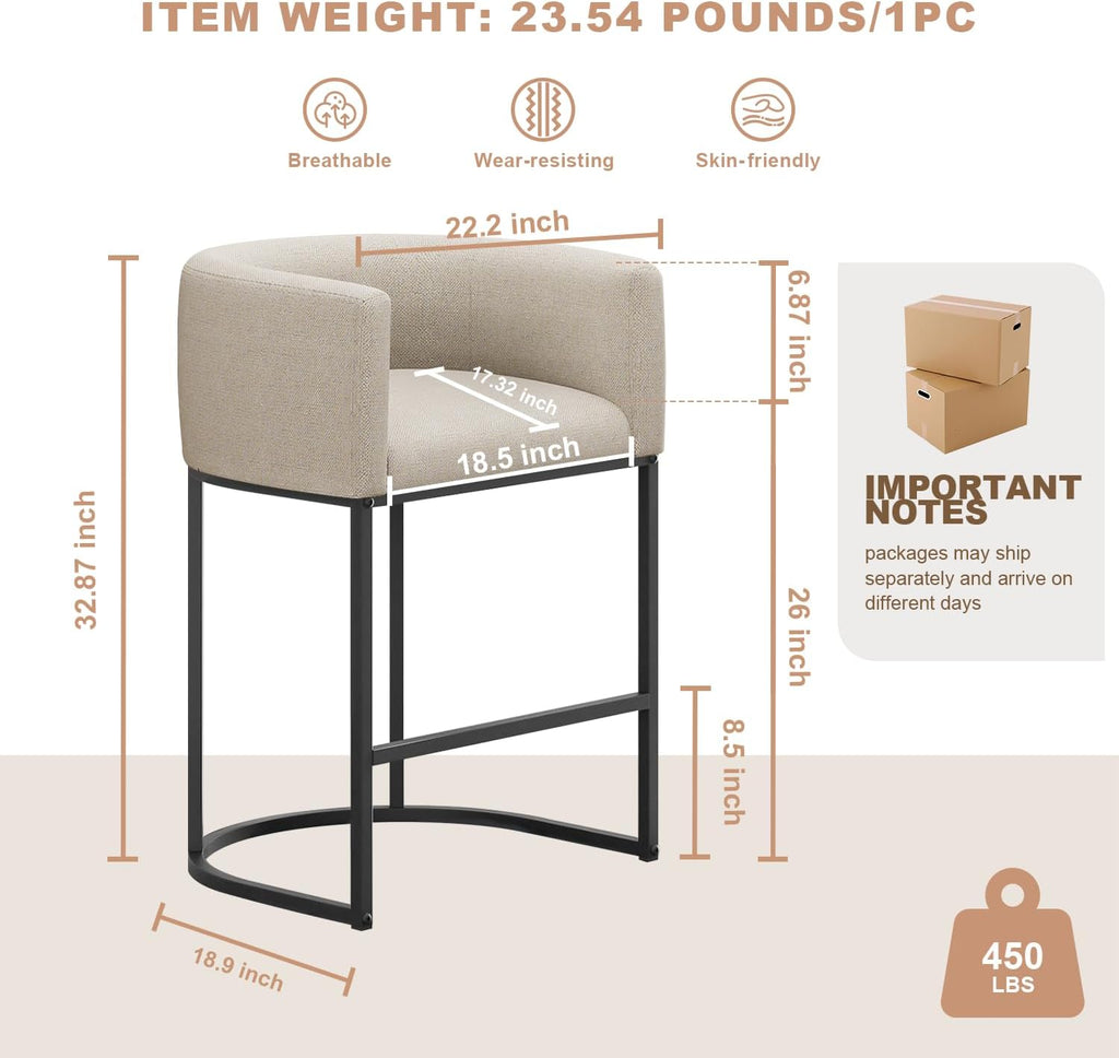 26" H Counter Height Bar Stools Set of 2, Modern Barrel Counter Stools with Backrest and Arms, Linen Fabric