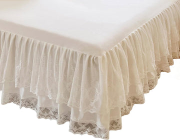 Romantic Summer Ruffled Bed Skirt with Sheet,Dust Ruffle Bedskirt with Two Lace Layers,17.7" Drop