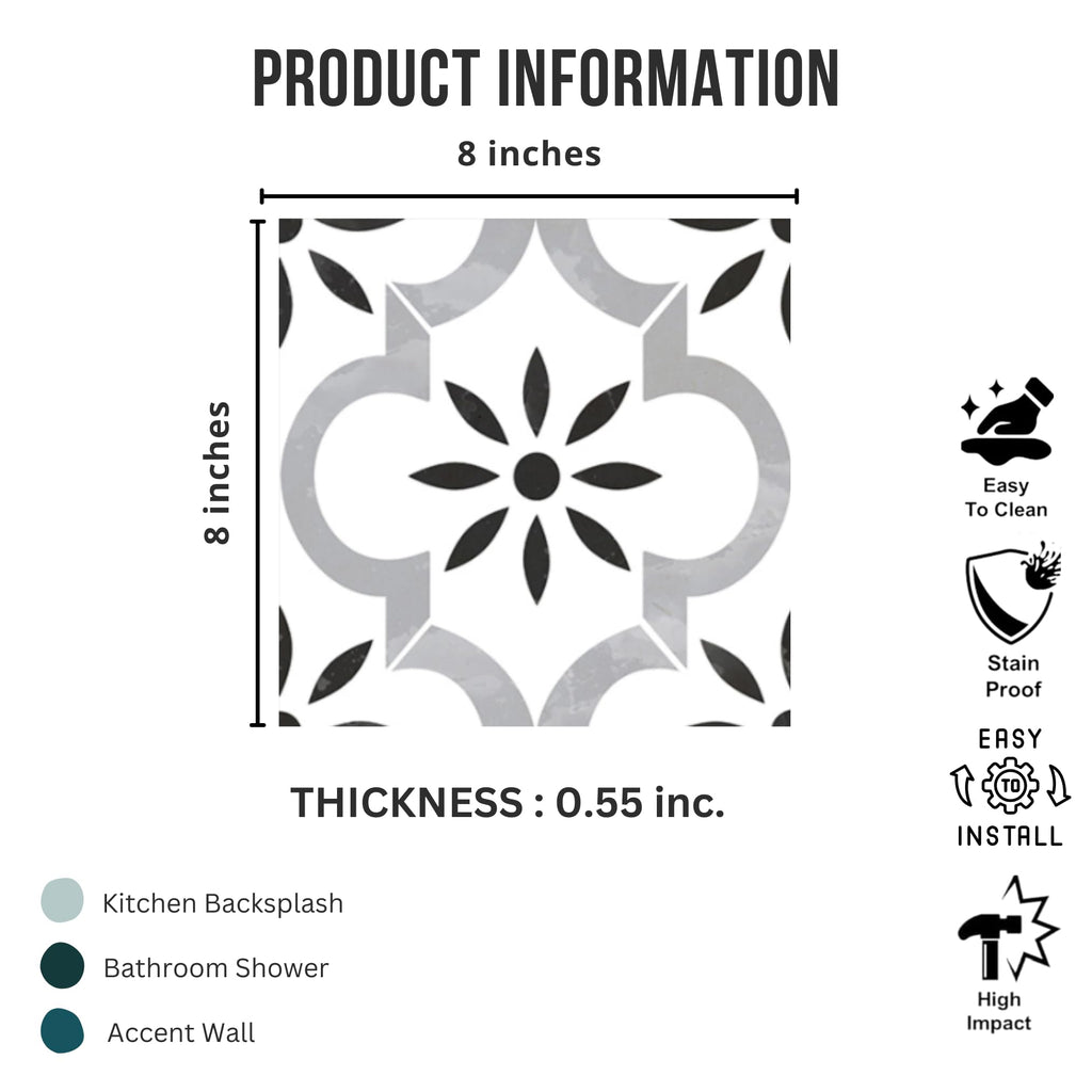 Gray & Black Vintage Geometric Porcelain Floor & Wall Tile 8" x 8" Matte Decorative Pattern Tile, Laundry Room