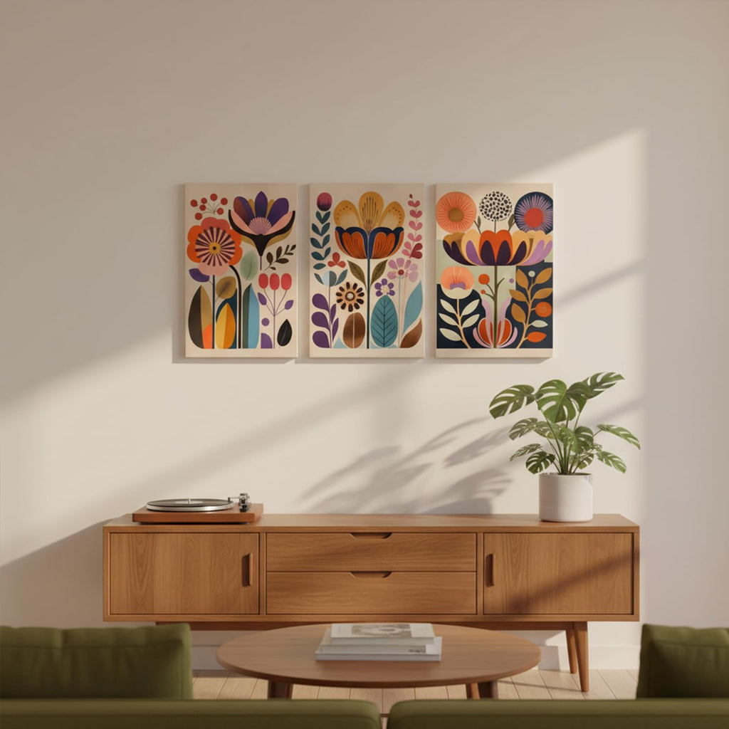 Scandinavian Flower Canvas Wall Art Mid Century Colorful Floral Wall Decor