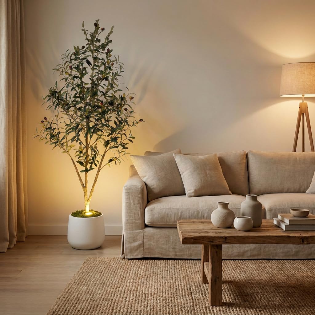 5ft Artificial Olive Tree with LED Light & White Pot - Fake Indoor Plant