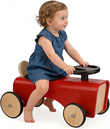 Retro Wooden Ride-On Tractor - 95% Pre-Assembled Toddler Balance Bike with Quiet Rubber Wheels & Limited Steering