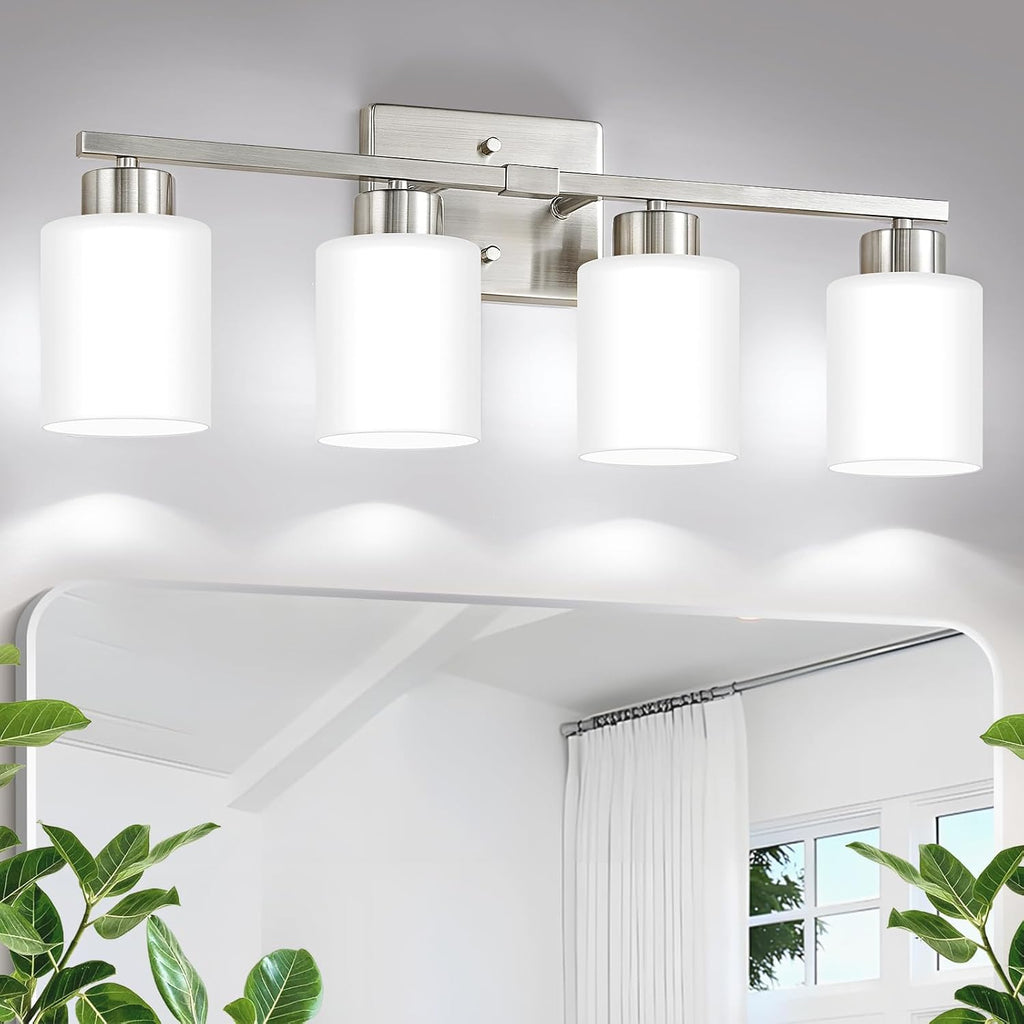 Brushed Nickel Bathroom Light Fixtures, 4-Light Modern Vanity Lights with Milky White Frosted Glass Shades, Wall