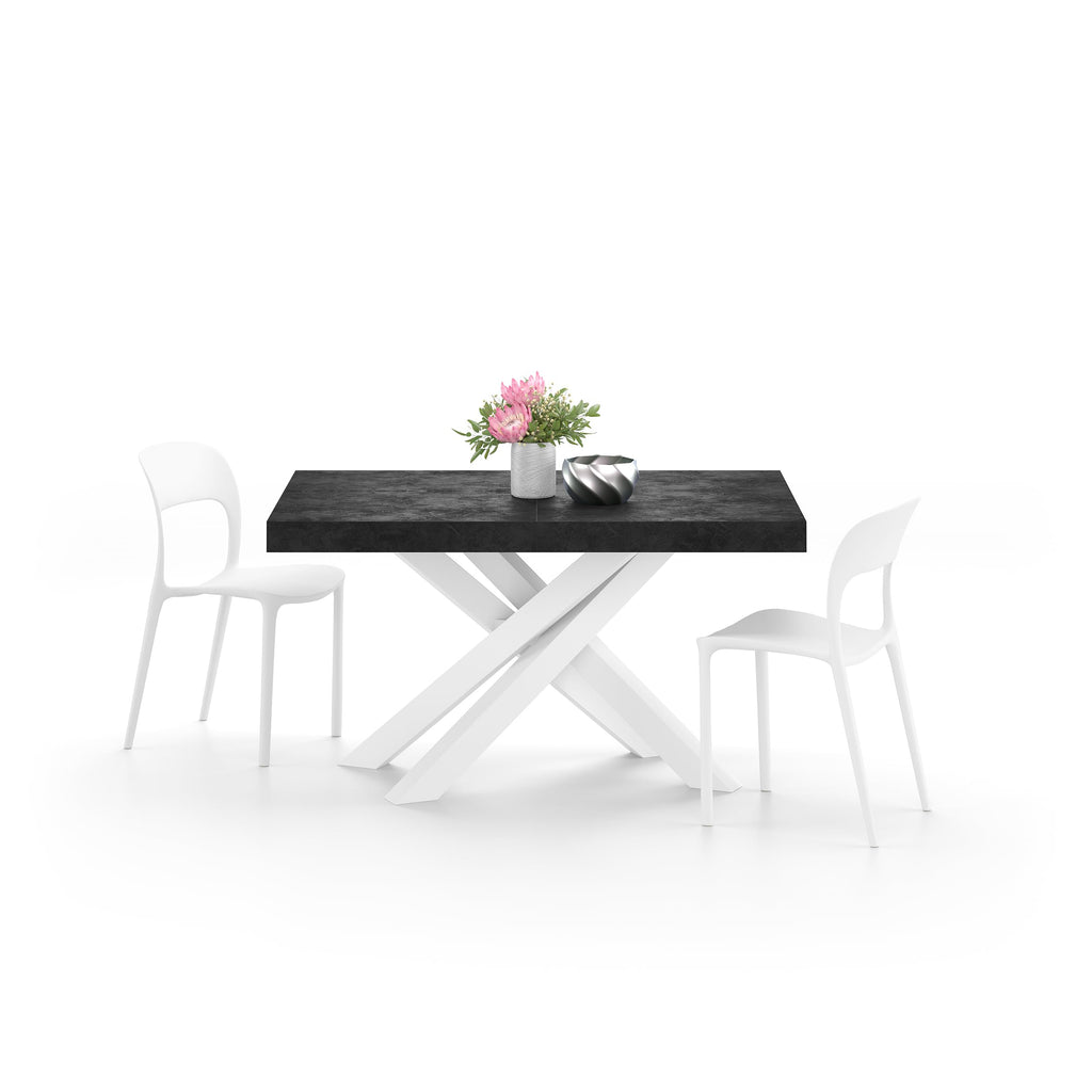 Emma 55.11(86.6) x35.4 in, Extendable Dining Table, Concrete Effect, Black with White Crossed Legs, Made in Italy