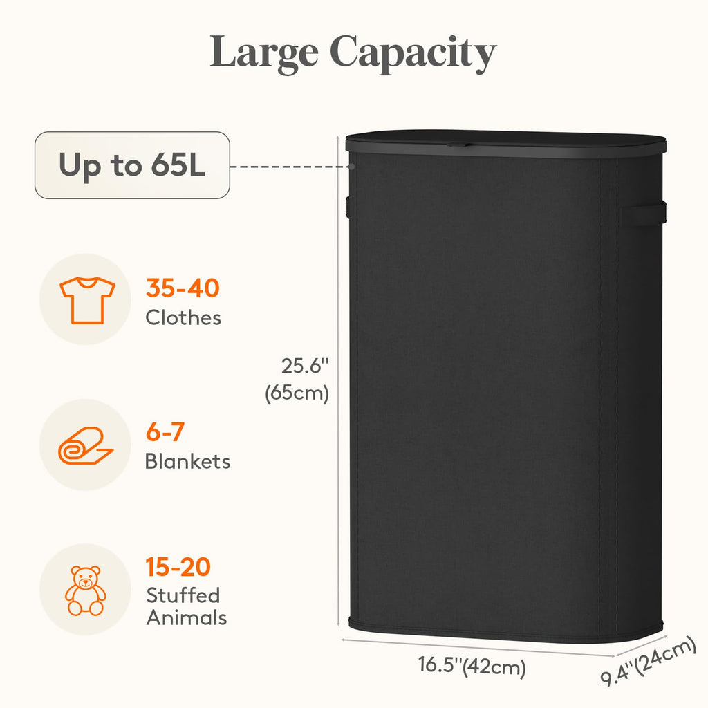 Slim Laundry Basket with Lid and Removable Bag, 65L, Black