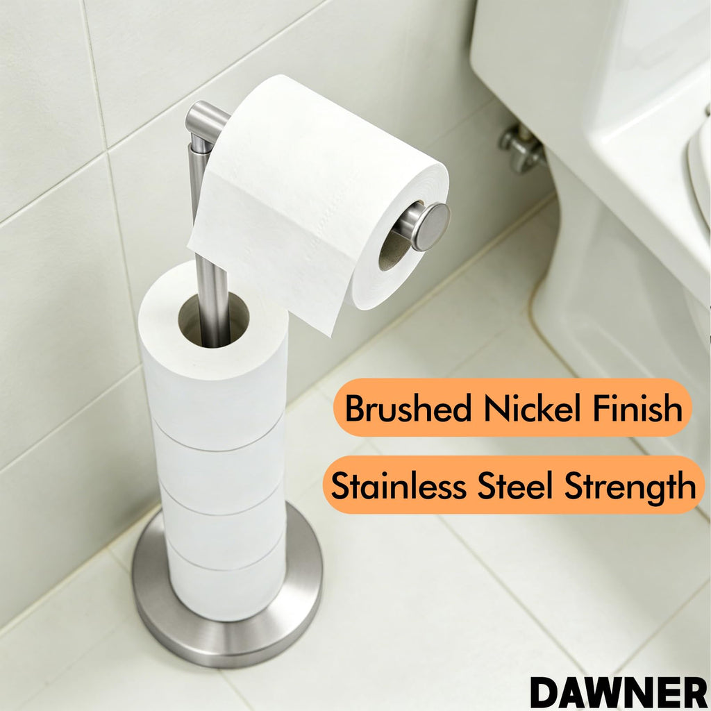 26" Heavy Duty Toilet Paper Holder Stand, Free Standing Toilet Paper Holder, Brushed Nickel Bathroom Toilet Paper
