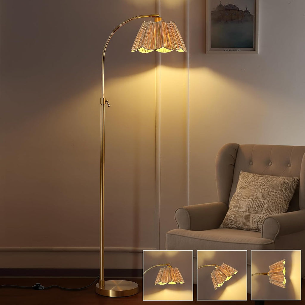 64'' Adjustable Arc Floor Lamp with Natural Rattan Woven Shade, Brushed Gold Mid-Century Modern Boho Floor Lamp