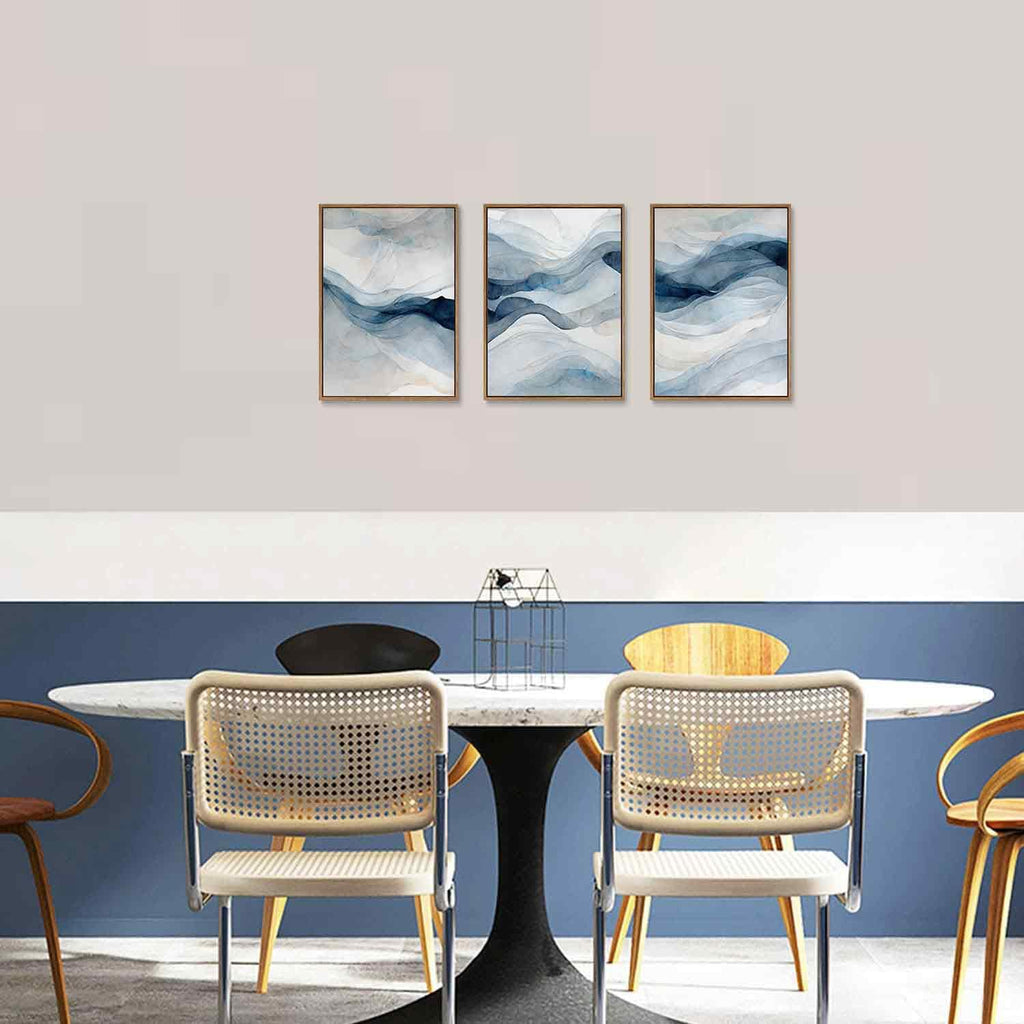 3 Piece Large Abstract Framed Wall Art, Smoke Texture Ink Navy Blue Canvas Wall Art Modern Minimalist Art Prints