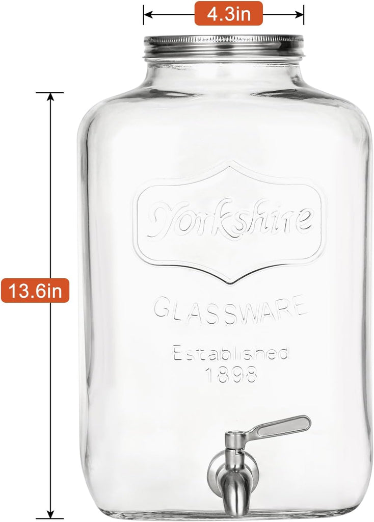 2 Gallon Glass Drink Dispenser - Stainless Steel Leakproof Spigot and Lid, Beverage for Parties, Water Beverage