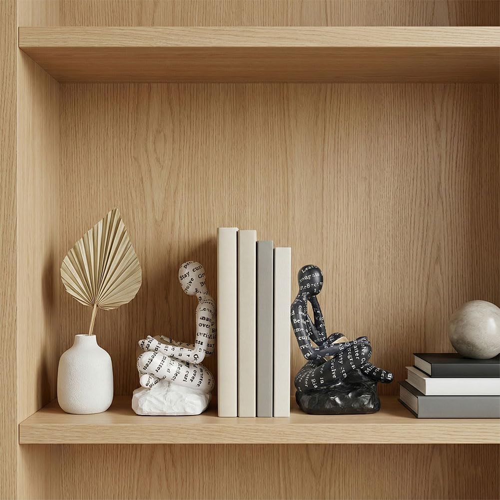 Ends for Heavy Books Set of 2, Modern Abstract Thinker Book Ends for Shelves and Desk - Resin with Non-Slip Pads