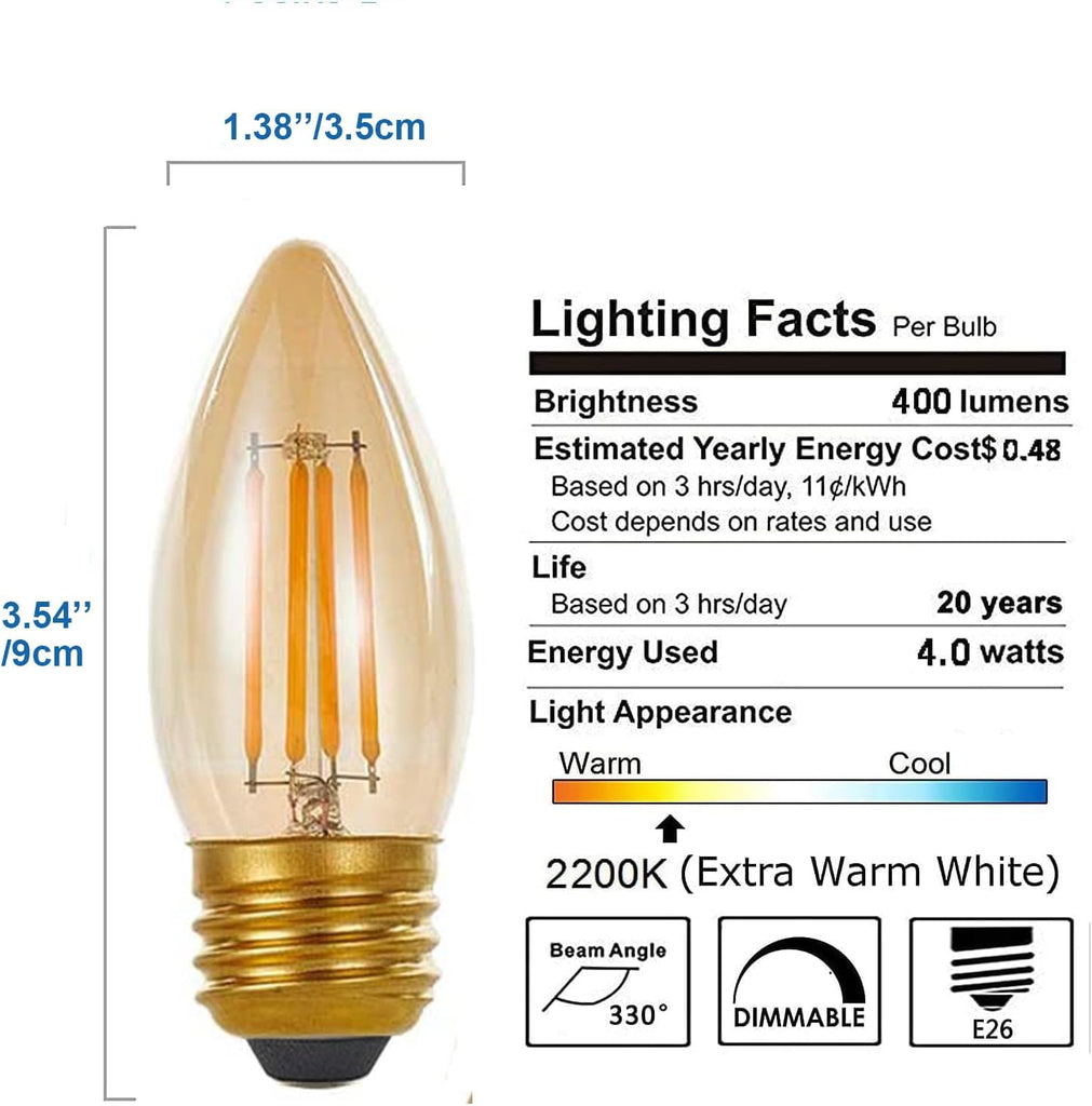 LED Filament Chandelier Bulb 4W, Vintage Classic Edison Style, E26 Standard Base Amber Glass Light Bulbs, Gold Tint
