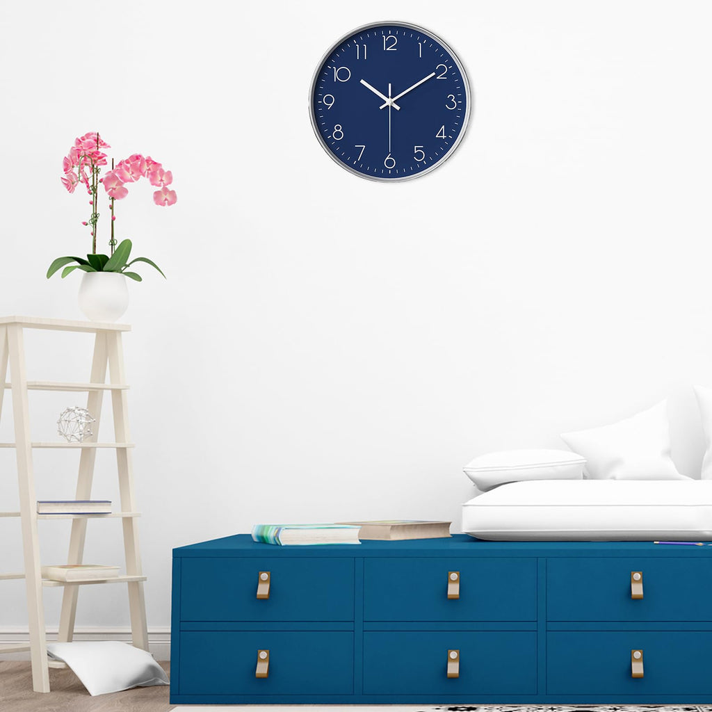 Navy Blue Modern Wall Clock Decor, 14 Inch Large Wall Clock Silent Battery Operated, Classic Round Analog Clock