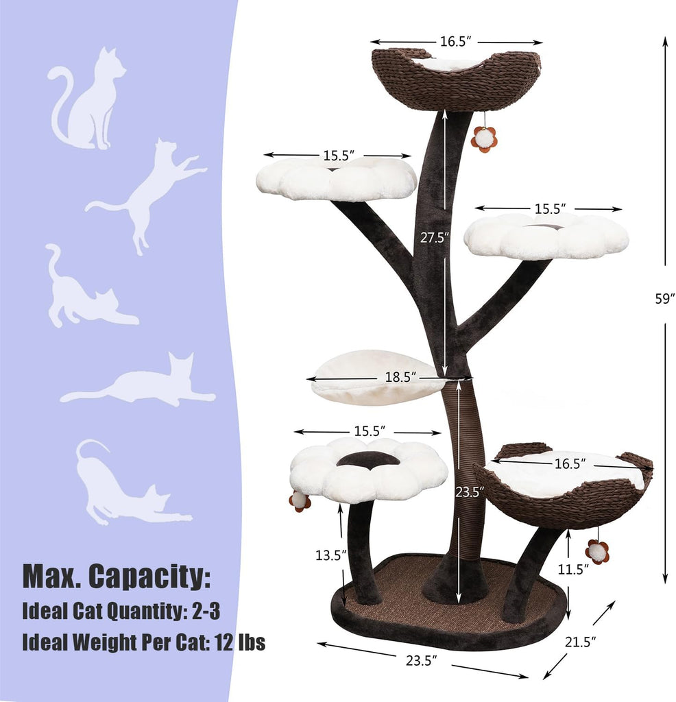 Floral Large Cat Tree with Handcrafted Basket Beds & Flower Perches