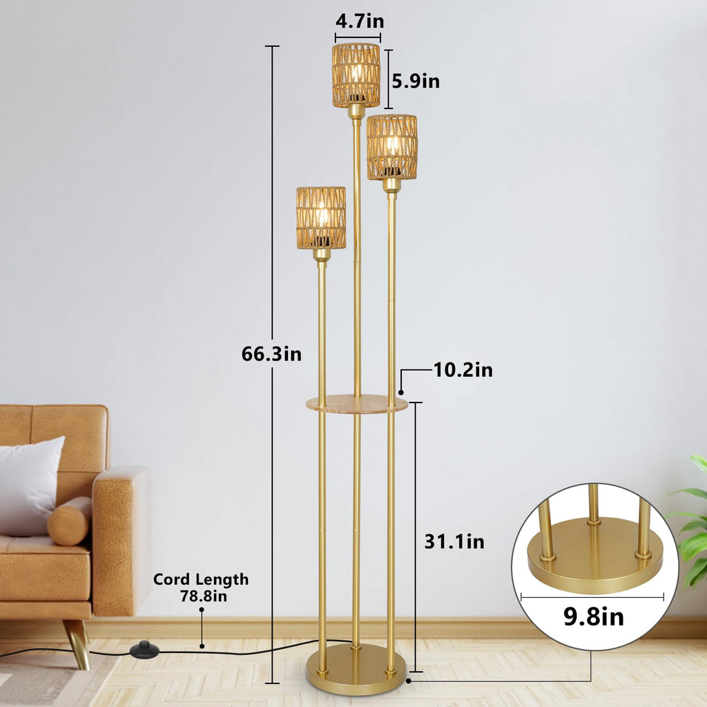Boho Floor Lamp with Shelves, 3-Lights Farmhouse Tall Floor Lamp with ON/Off Foot Switch, Gold Modern Floor Lamps