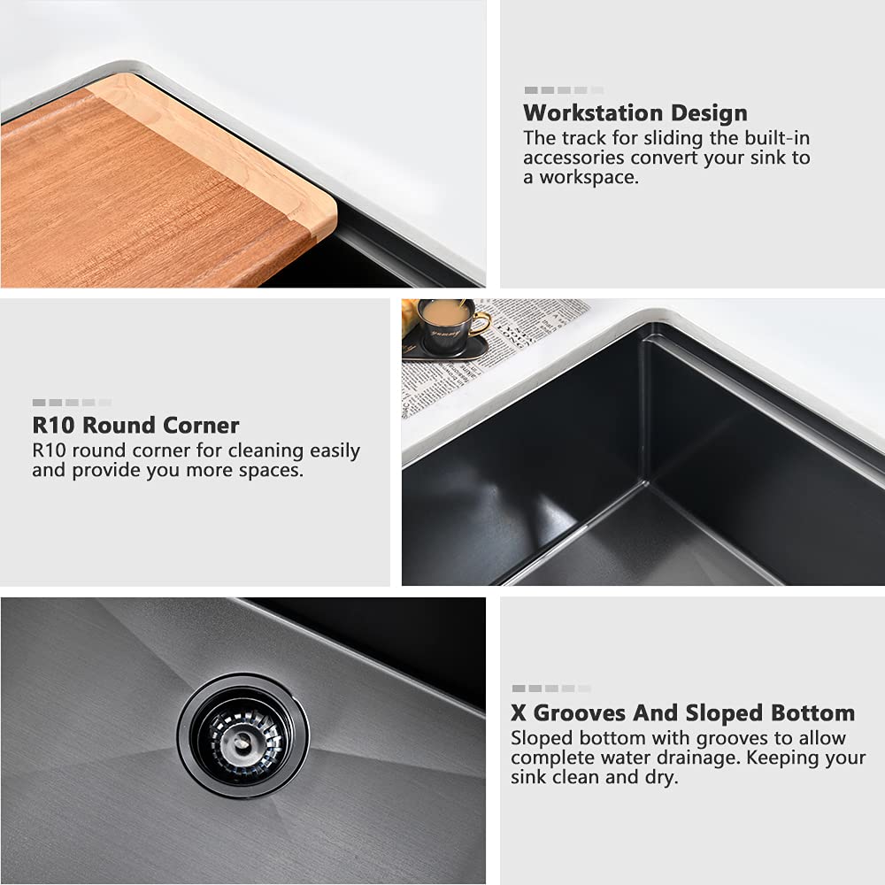 28 Inch Black Kitchen Sink Undermount Workstation Sink Stainless Steel