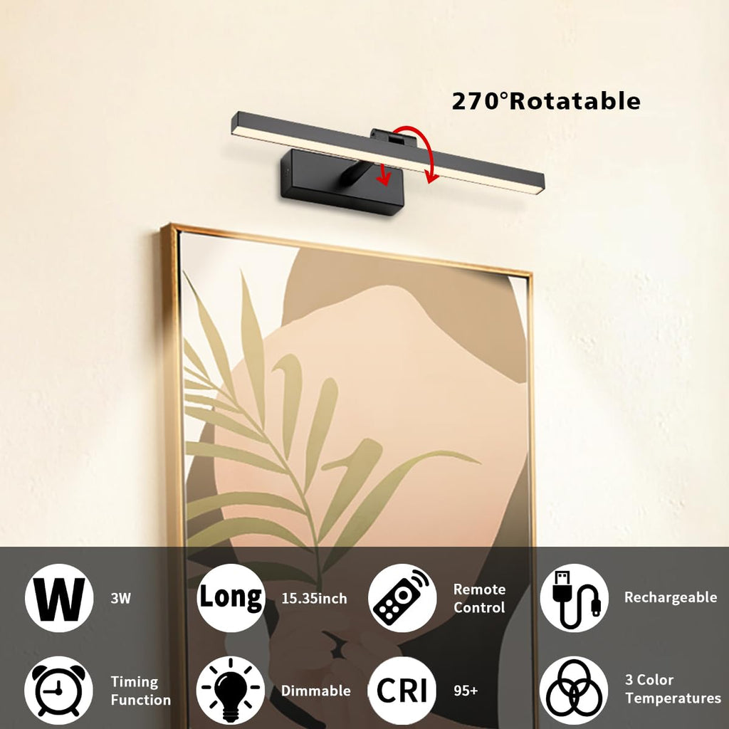 Wireless Picture Light Battery Operated Gallery Light with Remote Control Rechargeable Wall Lights Black 15.35"