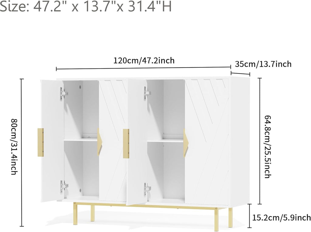 Sideboard Buffet Cabinets with Storage, Accent Storage Cabinets with Fluted Doors, Gold Metal Handle and Legs, Wood