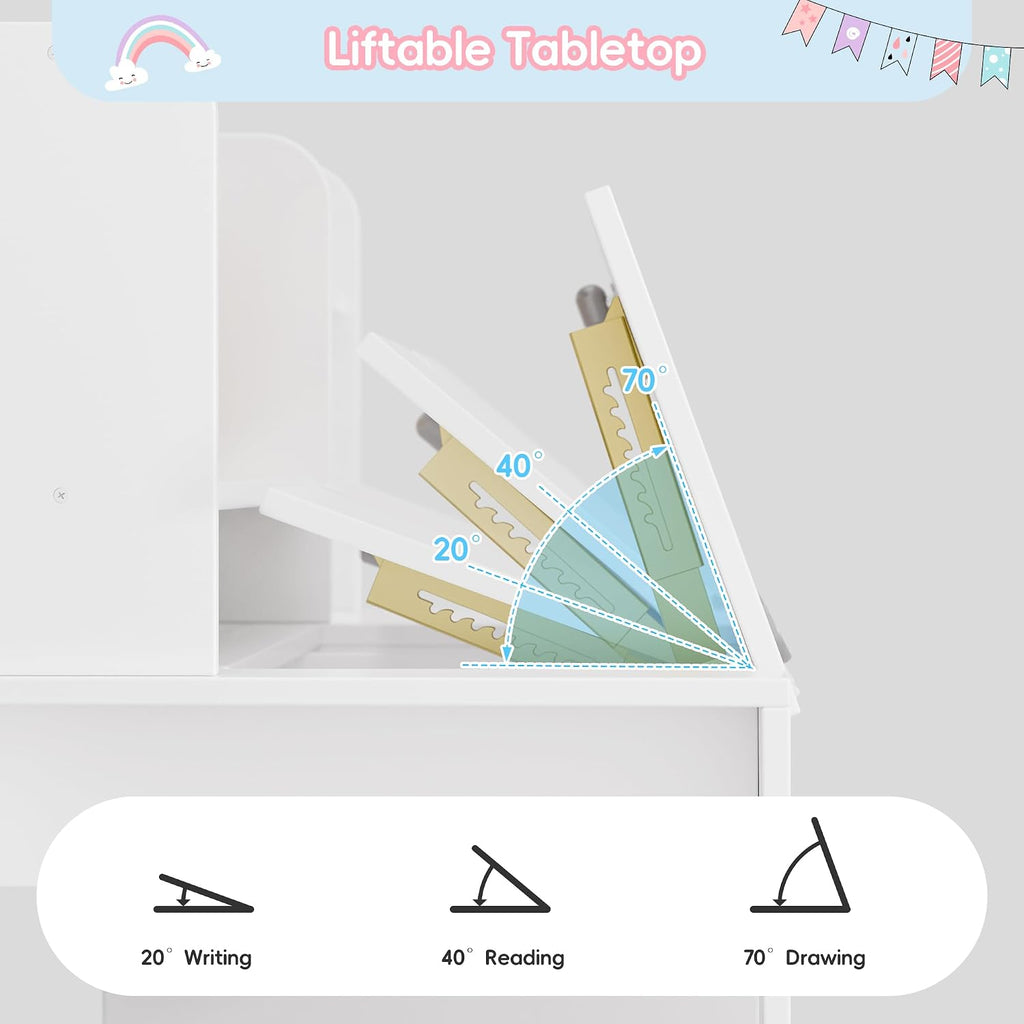 Kids Desk and Chair Set, Wooden Desk for Kids with Tiltable Desktop & Hutch, Kid Desk with Storage Cabinet, Study