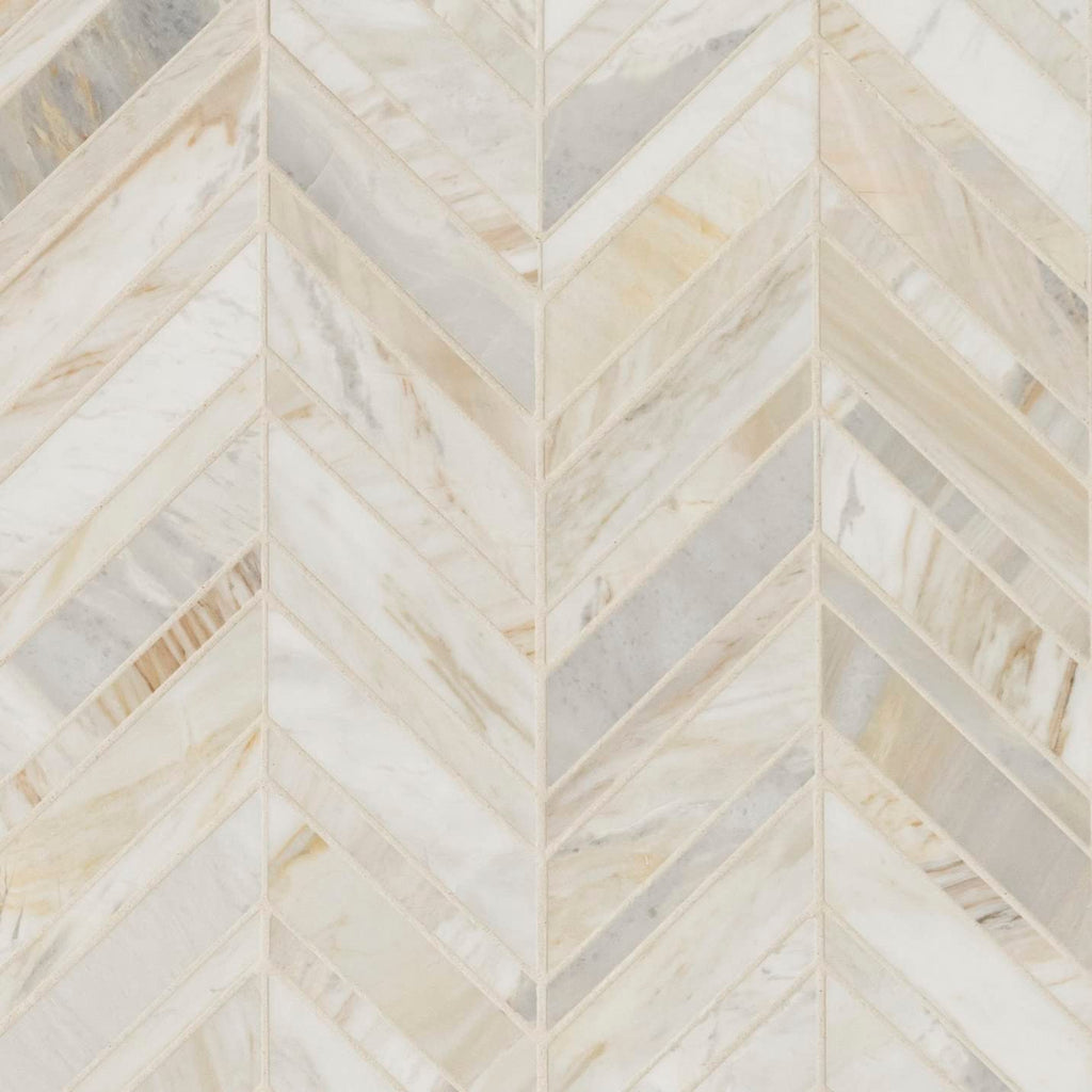 Mesh Mounted Marble Mosaic Tile | Athena Gold Chevron | 12" x 12"