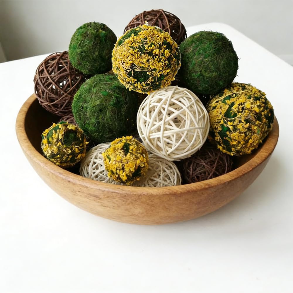 Decorative Balls for Bowls, Mixed Moss Balls, Rattan Wicker Orbs & Dried Floral Sphere Bowl Fillers Decor Table - Set of 18
