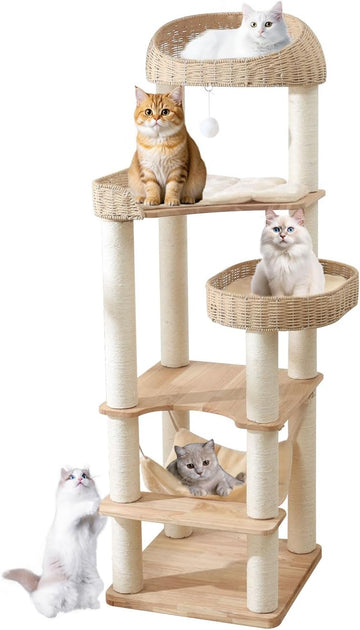 Wooden Cat Tree for Indoor Cats, 62 in Tall Cat Tower