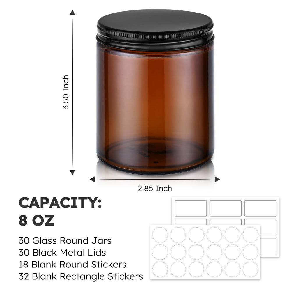 8oz Glass Jars with Lids, 30 Pcs Amber Candle Jars for Making Candles