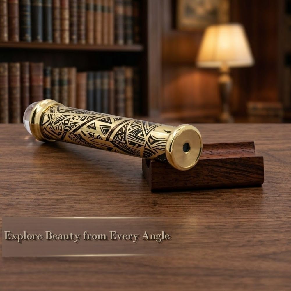 Brass Teleidoscope with Tribal Art Etched Barrel - Polished Lacquer-Coated, Front Surface Mirror, Crystal Ball Lens