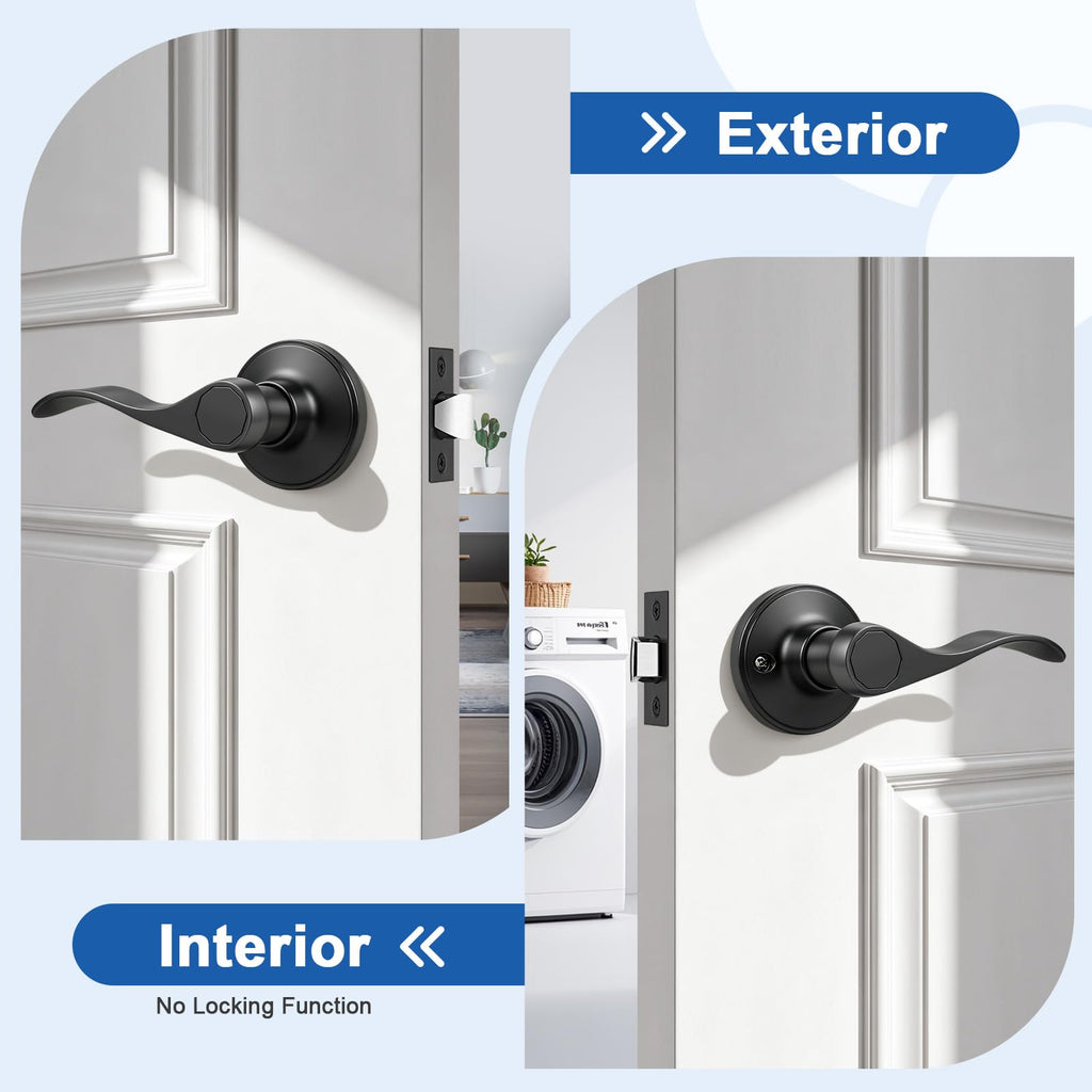2 Pack Passage Door Handles Interior, Hallway Closet Door Leverset Matte Black Finish Stainless Steel, Keyless Door
