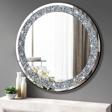 Round Wall Mirror 28x28 inch Crystal Crush Diamond Decor Decoration Silver Mirror.