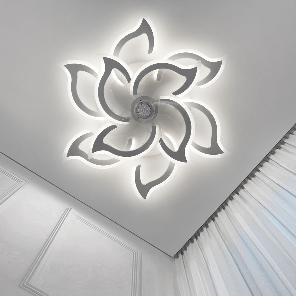 38" White Geometric Ceiling Fan with Light Remote Control, 3 Light Color 6 Speeds LED Flower Flush Mount Low Profile