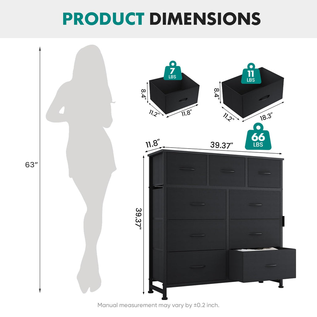 9 Drawer Black Dresser, Closet Organizer Storage Tower