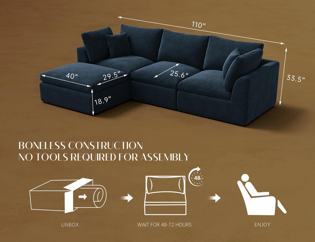 110" Cloud Sectional Couches, Boneless L-Shaped Couch with Ottoman, Modular Sectional Sofa, Dark Blue