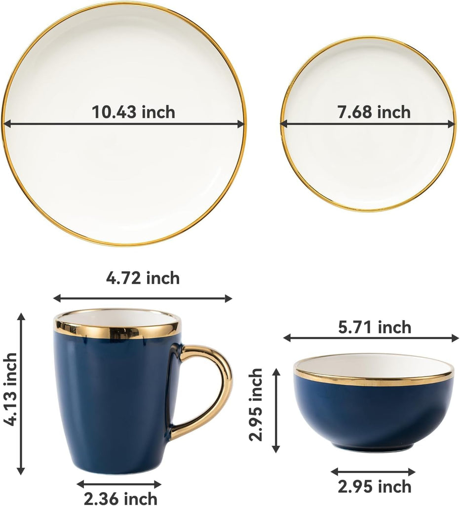Blue and Gold Ceramic Dinnerware Sets for 4, 16-Piece Luxury Plates and Bowls Sets with Gold Rim, Modern Dish Set