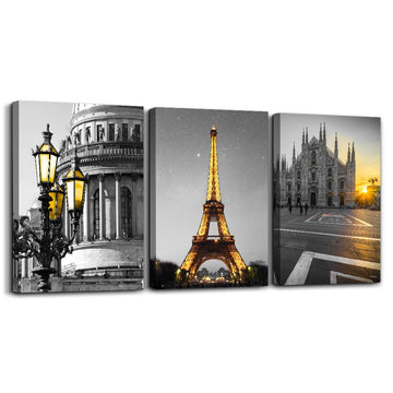 Black and white Architectural landscape Canvas Wall kitchen Wall Artworks Bedroom Decoration, 3 Piece framed bathroom